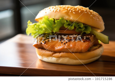 Salmon burger, with a grilled salmon fillet, teriyaki sauce, lettuce, cucumber, and wasabi mayo on a brioche bun with background of interior of japanese cafe  101715286