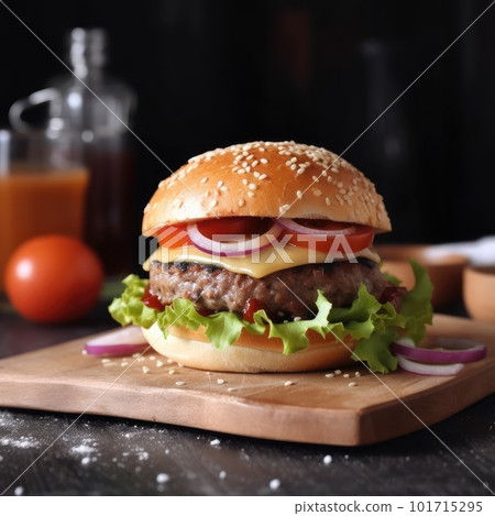 Cheeseburger, with juicy beef patties, slices of melted American cheese, lettuce, tomato and onion, special sauce on a sesame seed bun 101715295