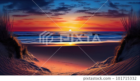 Early Morning Beach, Red Ocean, Sea Sunrise, Sunset Landscape, Abstract Generative AI Illustration 101715332