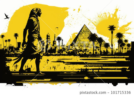 Egypt Travel Illustration, Cairo Tourism Concept, Pyramids, Landmarks, Giza Silhouette Graphic Art 101715336