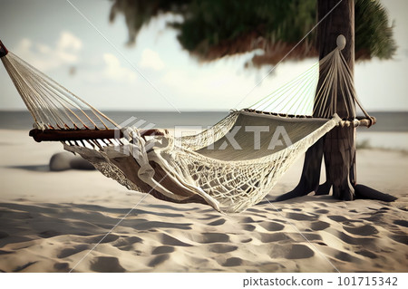 Empty Hammock on Beach, Paradise Island, Relax Vacation, Abstract Generative AI Illustration Empty Hammock on Beach, Paradise Island, Relax Vacation, Abstract Generative AI Illustration 101715342