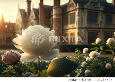 White Rose Close-up on a Blurry Background of an Ancient Castle, Abstract Generative AI Illustration White Rose Close-up on a Blurry Background of an Ancient Castle, Abstract Generative AI Illustration 101715347