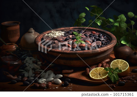 Feijoada Brazilian Food, Black Bean Brazil Dish, Meat Rice Brazil Cuisine, Feijoada Abstract Generative Ai Illustration 101715361