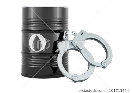 Handcuffs with oil barrel, 3D rendering Handcuffs with oil barrel, 3D rendering 101715464
