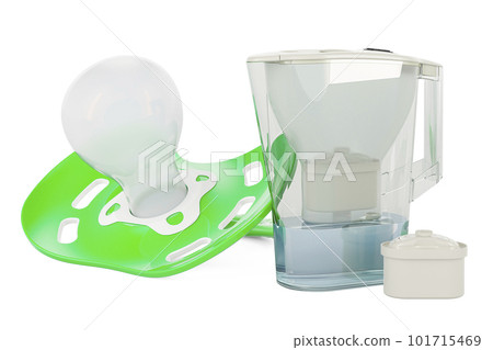 Pitcher water filter with baby pacifier, 3D rendering Pitcher water filter with baby pacifier, 3D rendering 101715469