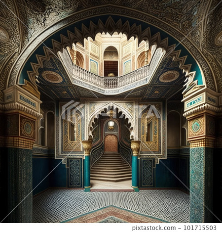 Arab Palace, Harem, Grand Hamam, Hotel, Luxurious Oriental Interiors, Abstract Generative AI Illustration 101715503