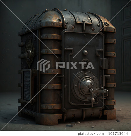 Retro Steampunk Safe, Security and Protection Unit, Vintage Banking, Old Money Storage, Ornate Deposit Symbol, Steel Safe Drawing Imitation, Abstract Generative AI Illustration 101715644