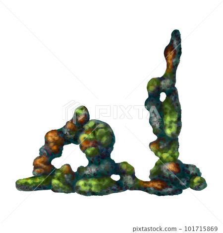 A underwater rock with green seaweed and orange coral. Digital illustration on a white background. For compositions, prints, stickers, posters. A underwater rock with green seaweed and orange coral. Digital illustration on a white background. For compositions, prints, stickers, posters. 101715869