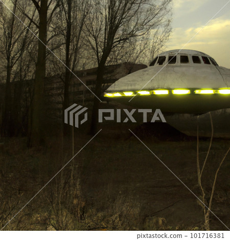 Unidentified flying object UFO. a visually observable moving or stationary, flying or appearing to be flying object in the atmosphere or outer space, or an optical phenomenon. UFO exploring Chernobyl. 101716381
