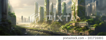 Futuristic cityscape with a lot of trees, floating spacecrafts, clean and streamlined, light white and green, majestic ports. AI generated 101716801