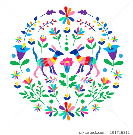 Mexican otomi embrodery ornament. Colorful Mexican Traditional Textile Embroidery Style. Folk otomi style graphic, wallpaper. Festive mexican floral motif. 101716811