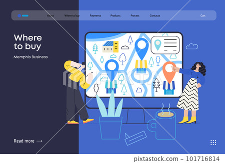Memphis business illustration. Where to buy -modern flat vector concept illustration of people looking for shopping points on a map. Commerce business sales metaphor. 101716814
