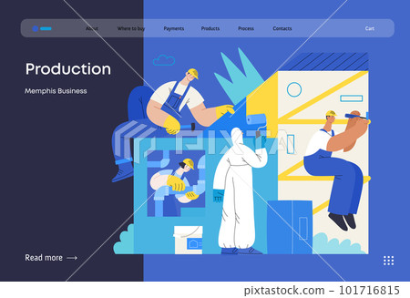 Memphis business illustration. Collaboration -modern flat vector concept illustration, team, people constructing a building together, painting, assembling, mounting. Corporate teamwork metaphor. 101716815
