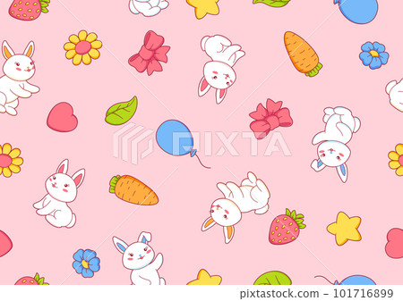 Seamless pattern with cute kawaii little bunnies. Funny characters and decorations in cartoon style. 101716899