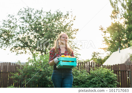 Farmer woman holding wooden box full of fresh raw vegetables copy space. Basket with vegetable cabbage, carrots, cucumbers, radish, salad, garlic and pepper in female hands. 101717083