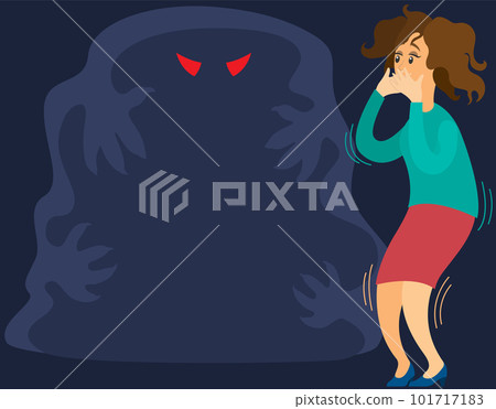 Woman scared of spooky monster from nightmare. Person is afraid of ghost, fear of dark, phobia 101717183