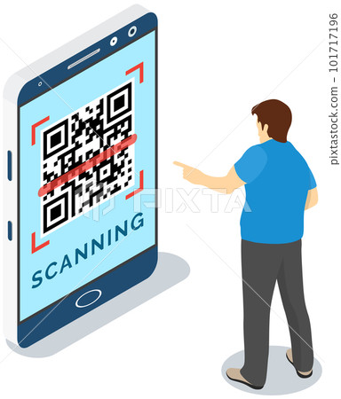 Man uses phone to recognize qr code. Application for scanning barcode on smartphone screen 101717196