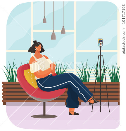 Woman communicates with friend via video call, watching podcast, online broadcast on smartphone Woman communicates with friend via video call, watching podcast, online broadcast on smartphone 101717198