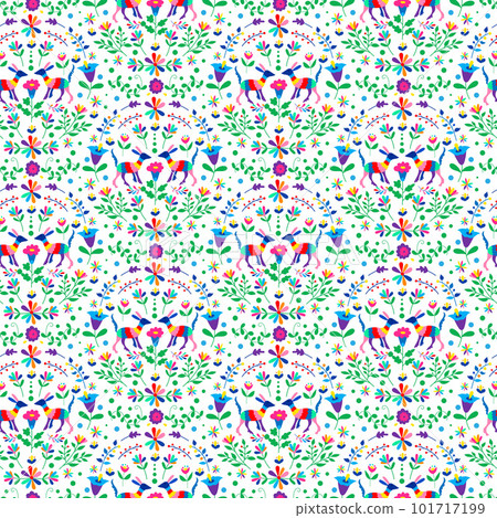 Mexican otomi embrodery seamless pattern. Colorful Mexican Traditional Textile Embroidery Style. Folk otomi style graphic, wallpaper. Festive mexican floral motif. 101717199