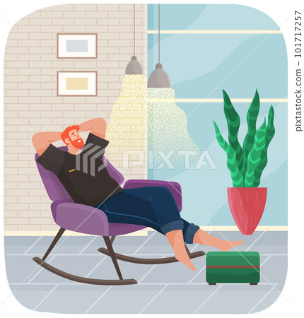 Man lying on sofa in apartment. Happy young guy relaxing, dreaming. Rest on couch, home leisure 101717257