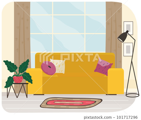 Living room interior design with yellow sofa, plant and floor lamp for relaxing and podcasting Living room interior design with yellow sofa, plant and floor lamp for relaxing and podcasting 101717296