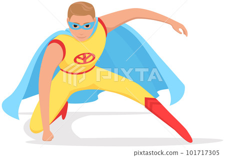 Strong super man smiles and flies to save world. Brave character in superhero costume with red cloak Strong super man smiles and flies to save world. Brave character in superhero costume with red cloak 101717305