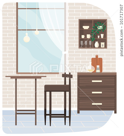 Arrangement of furniture in modern kitchen. Room interior with wooden table, chair and decorations 101717307