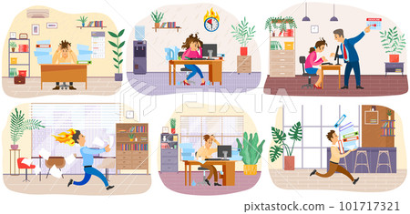 Set of illustrations about employees hurrying up with assignments. Chaos in office due to deadlines Set of illustrations about employees hurrying up with assignments. Chaos in office due to deadlines 101717321