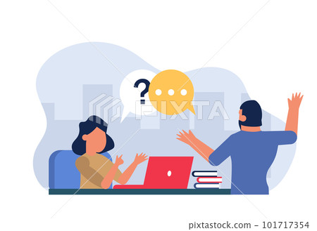 Man at a job interview. A woman sits at a table and asks questions to a man. Business vector illustration with people 101717354