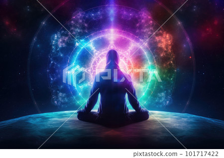 Body silhouette in lotus pose against cosmic background. Generative AI 101717422