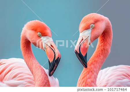 Close up portrait of two flamingo bird on pastel colored background. Generative AI Close up portrait of two flamingo bird on pastel colored background. Generative AI 101717464