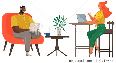 Young people enjoy doing interviews, making digital record with computer, headphones in studio 101717678