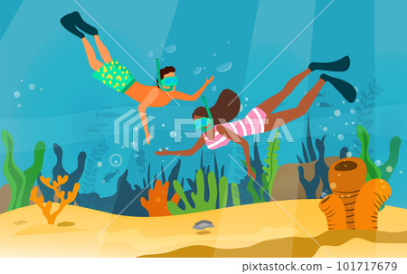 Man and woman snorkeling, exploring underwater world. Couple swim near coral reef, vacation at sea Man and woman snorkeling, exploring underwater world. Couple swim near coral reef, vacation at sea 101717679