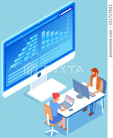 Employees analyze statistical indicators, business data. Characters work with marketing research Employees analyze statistical indicators, business data. Characters work with marketing research 101717681