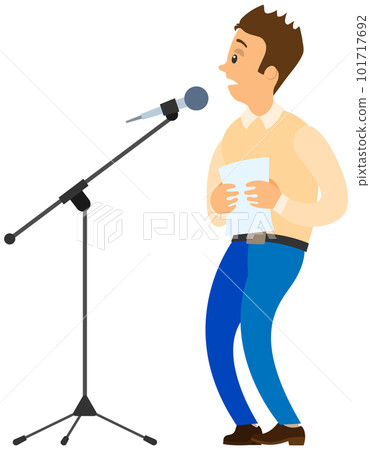 Fear of public speaking. Cartoon male character stands near microphone and trembles with fright Fear of public speaking. Cartoon male character stands near microphone and trembles with fright 101717692