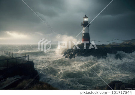 Sea landscape with stormy waves and lighthouse. Navigation for ships. Generative AI 101717844