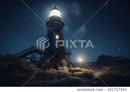 Lighthouse in sea at starry night. Navigation for ships. Generative AI 101717845
