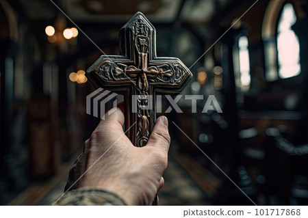 Church priest holds religious cross in hands. Generative AI Church priest holds religious cross in hands. Generative AI 101717868