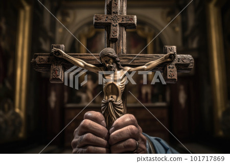 Church priest holds religious cross in hands. Generative AI 101717869