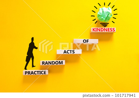 Practice random kind of kindness symbol. Concept words Practice random kind of kindness on wooden block. Beautiful yellow background. Businessman icon. Business practice kindness concept. Copy space. Practice random kind of kindness symbol. Concept words Practice random kind of kindness on wooden block. Beautiful yellow background. Businessman icon. Business practice kindness concept. Copy space. 101717941