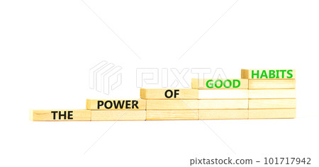 The power of good habits symbol. Concept words The power of good habits on wooden block. Beautiful white table white background. Business the power of good habits concept. Copy space. The power of good habits symbol. Concept words The power of good habits on wooden block. Beautiful white table white background. Business the power of good habits concept. Copy space. 101717942