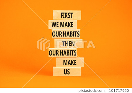 Our habits symbol. Concept words First we make our habits then our habits make us on wooden blocks. Beautiful orange table orange background. Copy space. Motivational business our habits concept. Our habits symbol. Concept words First we make our habits then our habits make us on wooden blocks. Beautiful orange table orange background. Copy space. Motivational business our habits concept. 101717960