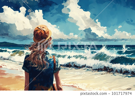 Girl Looks at Sea on a Windy Day, Cloudy Sky, Looking at Ocean Horizon, Meditation, Generative AI Illustration 101717974