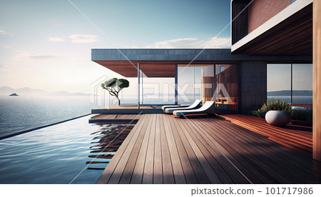 Luxury Wood Terrace, Wood Architecture, Modern Eco Hotel Drawing Imitation, Abstract Generative AI Illustration 101717986