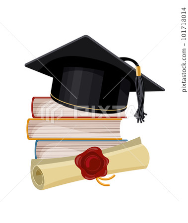 A black graduation cap over a stack of books and a papyrus certificate with a wax seal. Education concept. Illustration, icon, vector 101718014