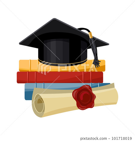 A black graduation cap over a stack of books and a papyrus certificate with a wax seal. Education concept. Illustration, icon, vector 101718019