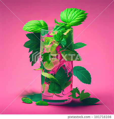 Mojito Alcohol Cocktail on Pink Background, Tropical Mocktail, Party Coctail, Abstract Generative AI Illustration 101718108