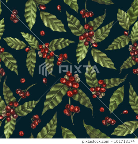Watercolor seamless pattern of red coffee arabica beans on branch with berries. Hand-drawn illustration isolated on black background. Perfect concept for cafe, restaurant, menu, cards, posters 101718174