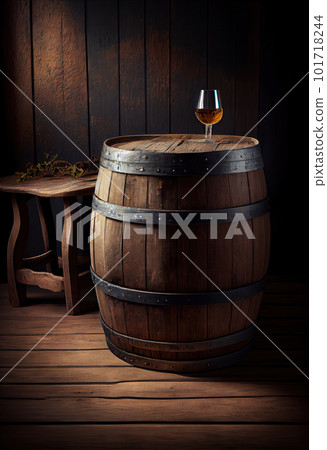 Wine Barrel in Winery Cellar, Old Whiskey, Alcohol Keg, Wine Barrel Mockup, Abstract Generative AI Illustration 101718244