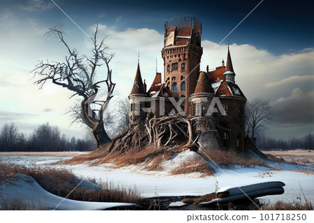 Abandoned Castle in Winter, Ancient Medieval Building, Fantasy Castle Ruins, Abstract Generative AI Illustration 101718250